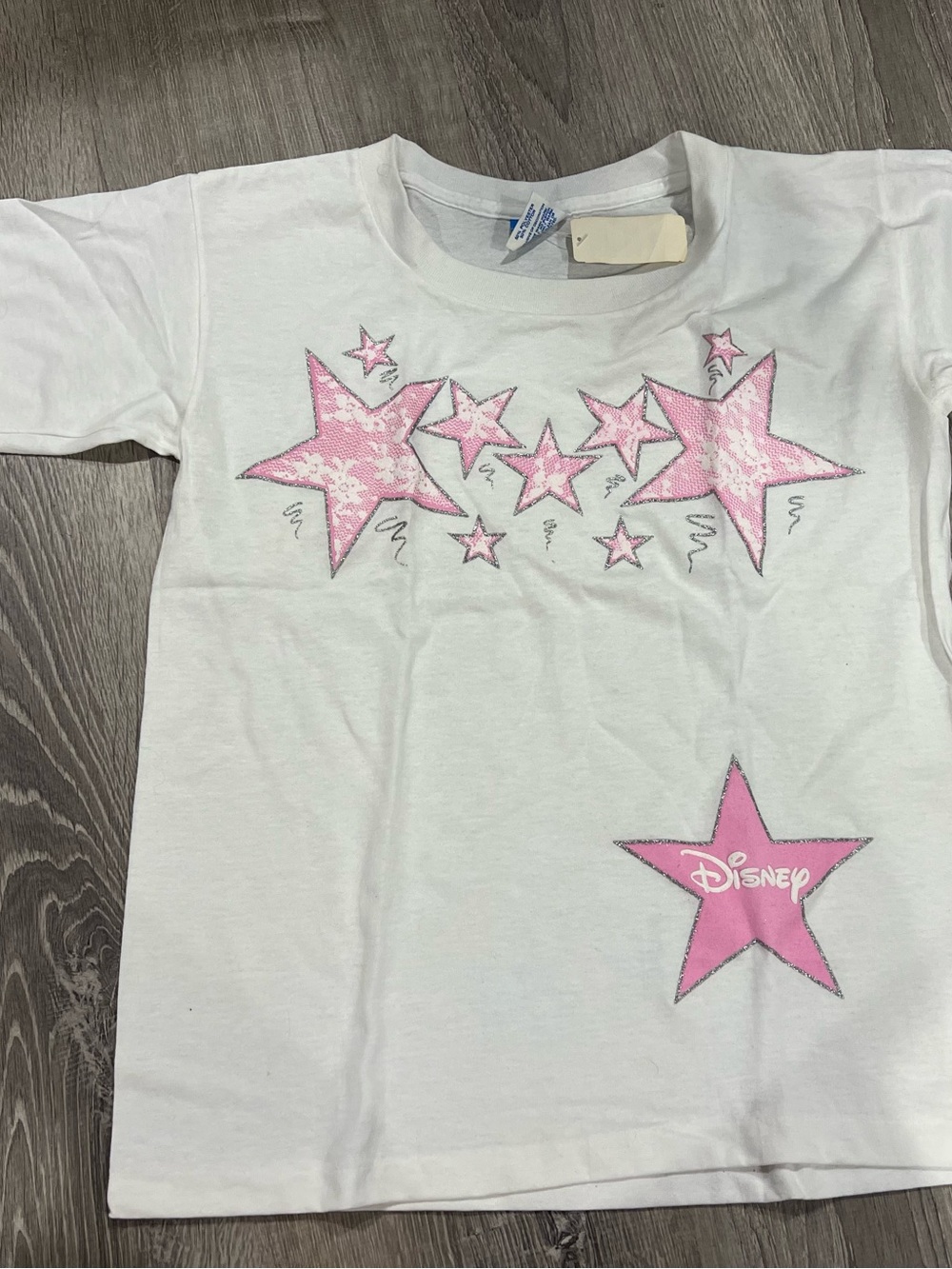 Disney Pink and Silver Glitter Star Tee on White NWT XL Vintage